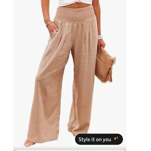 Vansha Womens Cotton Linen Palazzo Pants Wide Leg Smocked Waist Khaki Medium NEW